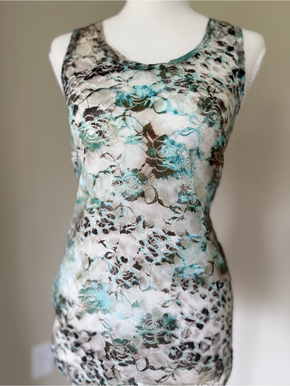 Vintage Y2K Almost Famous Floral Lace Tank sheer Top Teal Brown floral cheetah